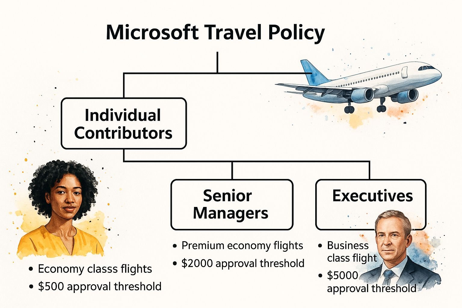 Infographic showing key data about Microsoft's Tiered Travel Policy