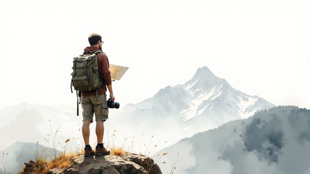 A solo traveler looks out over a scenic mountain landscape, planning their trip on a map.
