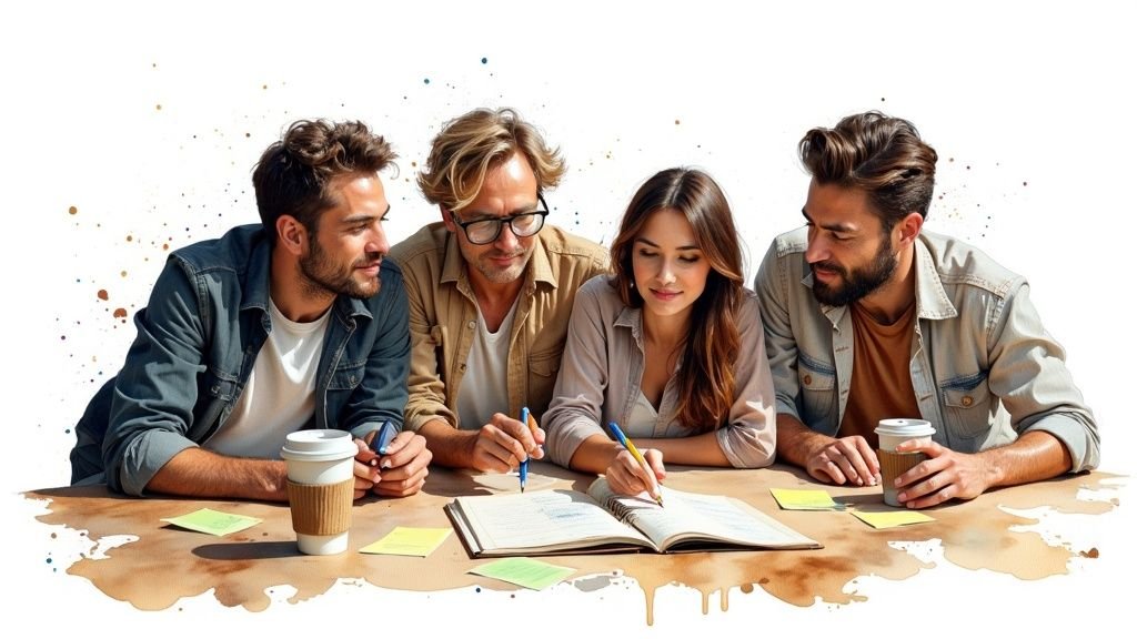 A diverse group of friends laughing together while looking at a map, planning their travel adventure.