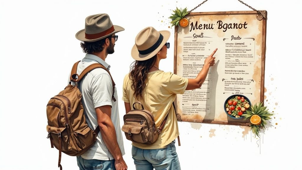 A person looking at a restaurant menu, with healthy food options highlighted