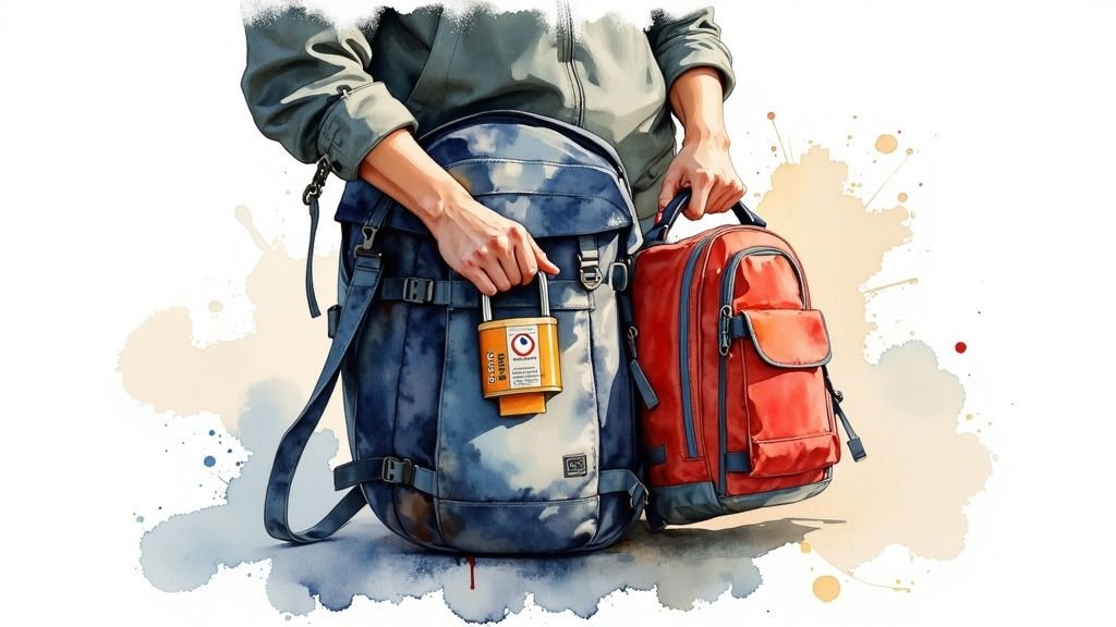 A solo traveler sits confidently on a city wall, looking out over a historic town.