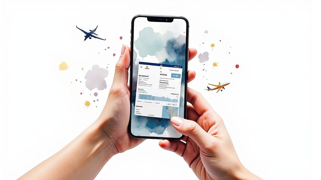 A person looking at travel documents and a map on a table.
