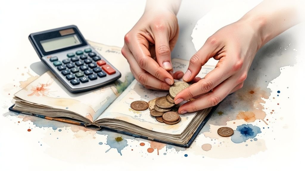 A solo traveler holds a coffee cup and a travel guide, planning their budget for a trip.